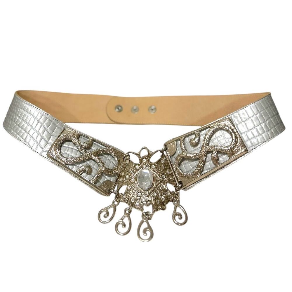 Leatherock Statement Buckle Belt Women's L Silver Croc Embossed Item #4651